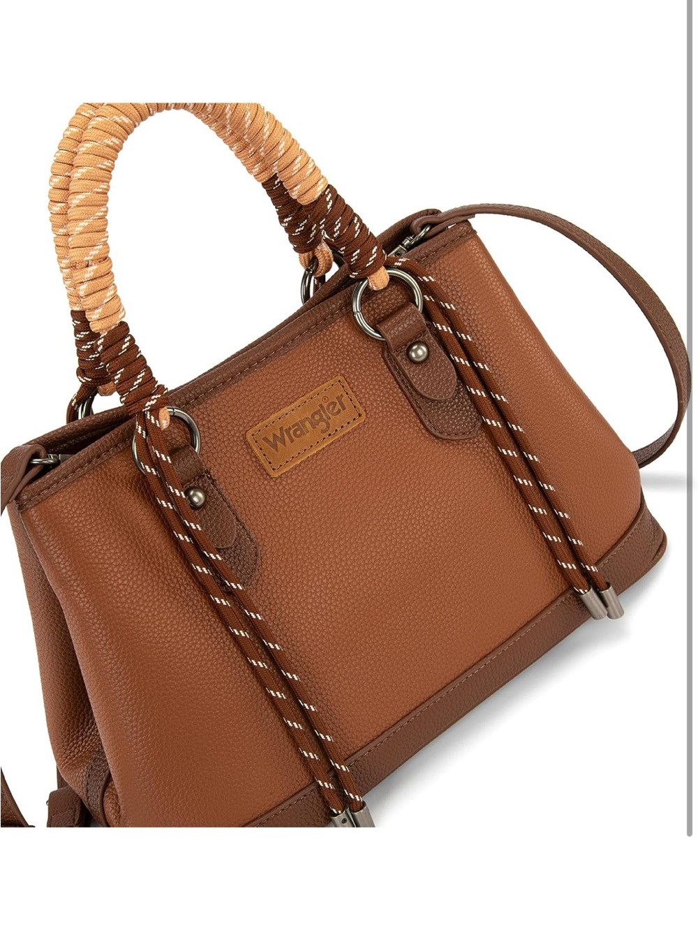 Wrangler Brown Leather Satchel with Braided Rope Handles - Picture 7 of 8